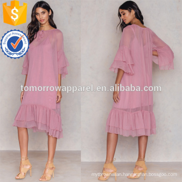 Loose Fit Pink Three Quarter Length Sleeve Ruffled Midi Summer Dress Manufacture Wholesale Fashion Women Apparel (TA0241D)